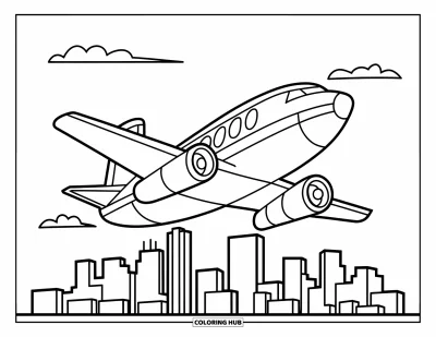 Airplane Coloring Page for Kids: A bold plane with large windows soars over simple skyscrapers and fluffy clouds