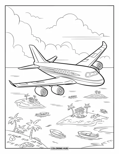 Airplane Coloring Page for Kids: A bright jet soars over sunny islands with palm trees and scattered boats
