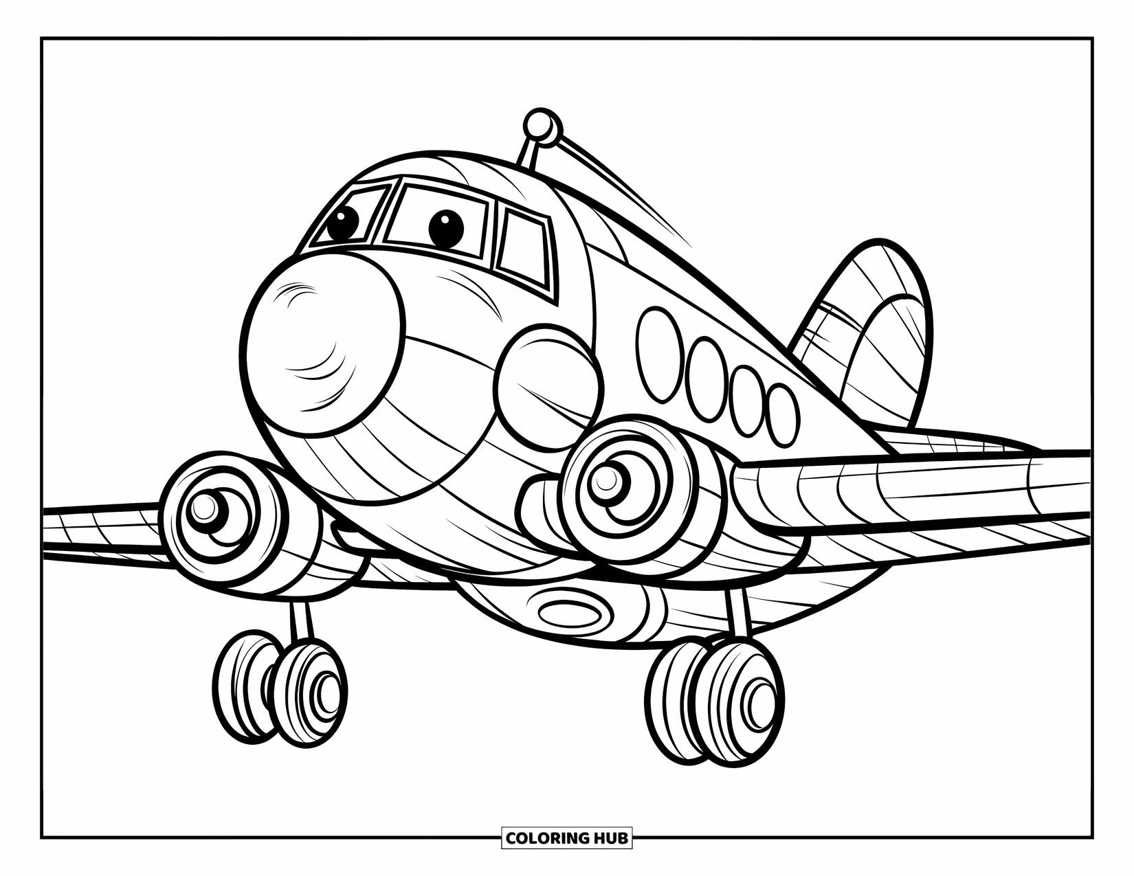 Desen de colorat cu avioane pentru copii: Un avion cu elice plin de bule, cu ferestre mari, zboară printr-un cer deschis și gol