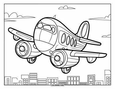Airplane Coloring Page for Kids: A cheerful plane soars above a city with buildings and a few clouds around