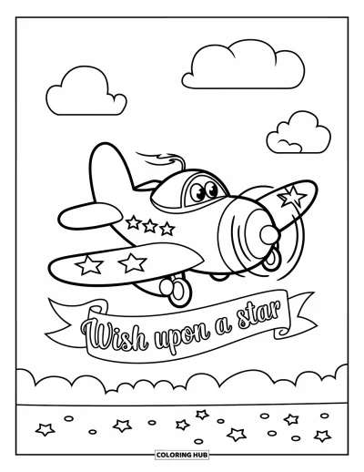 Airplane Coloring Page for Kids: A chubby plane zooms past clouds with a “Wish Upon a Star” banner flying below