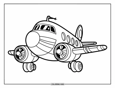Airplane Coloring Page for Kids: A chunky cartoon airplane with a propeller zooms across a blank, open sky
