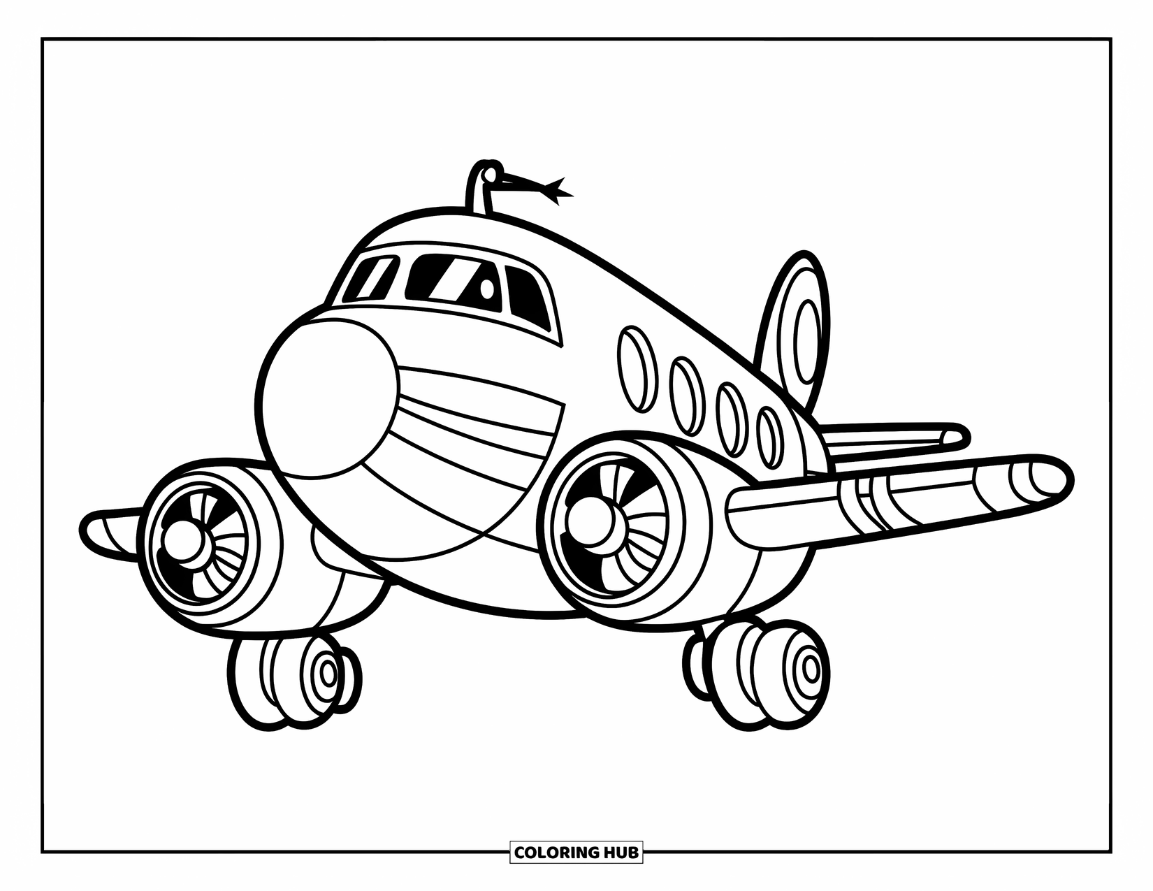 Desen de colorat cu avioane pentru copii: Un avion de desene animate dolofan, cu o elice, gonește pe un cer deschis și gol