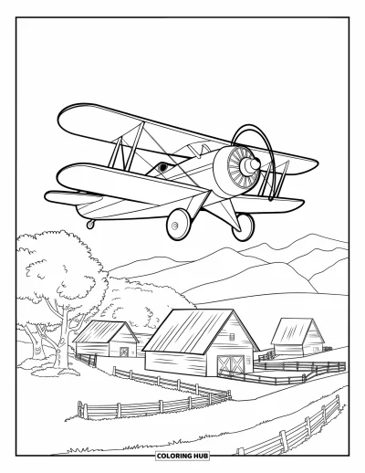 Airplane Coloring Page for Kids: A classic biplane soars above a peaceful village near mountains and trees