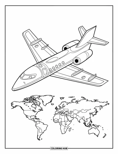 Airplane Coloring Page for Kids: A commercial jet flies over a world map showing continents and countries