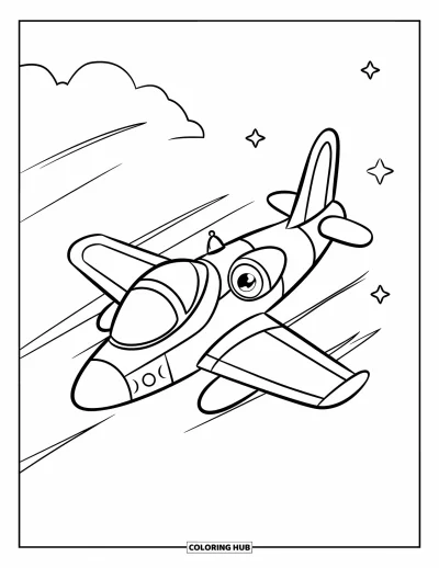 Airplane Coloring Page for Kids: A cute jet flies fast above a smiling cloud and a few tiny stars