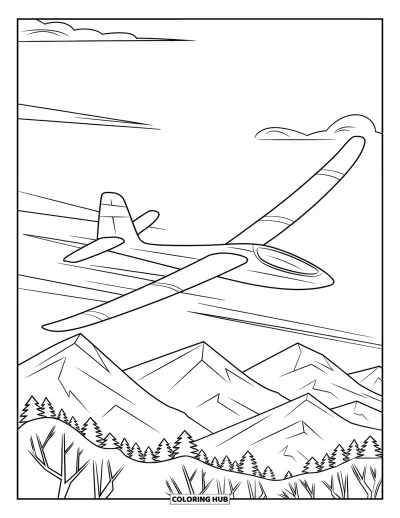 Airplane Coloring Page for Kids: A glider rides the breeze above tall mountains, forests, and a few soft clouds