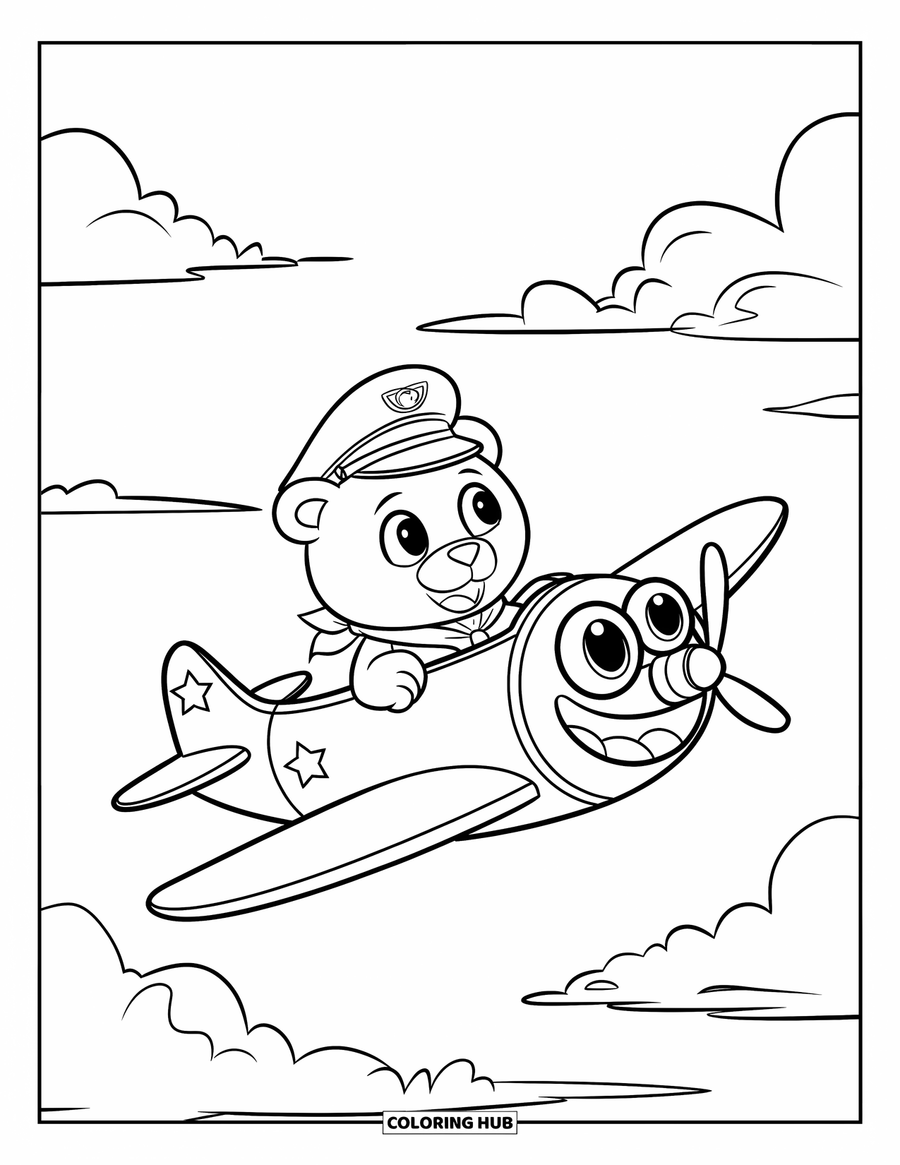 Desen de colorat cu avioane pentru copii: Un avion zâmbitor cu un pilot ursuleț zboară sub un cer plin de nori moi