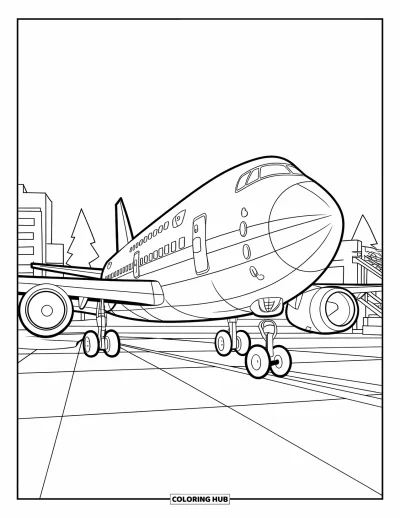 Airplane Coloring Page for Kids: A jet with stairs and big wheels rests near trees and airport buildings