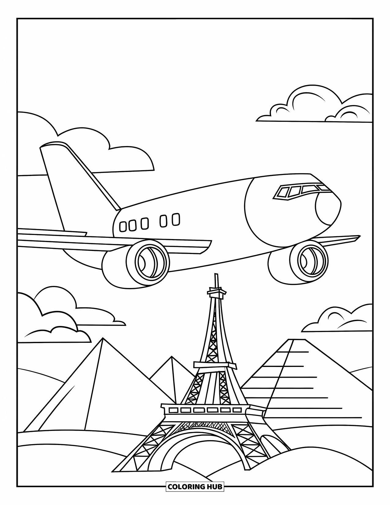 Desen de colorat cu avioane pentru copii: Un avion cu sigla zboară deasupra unor repere precum Turnul Eiffel și piramidele
