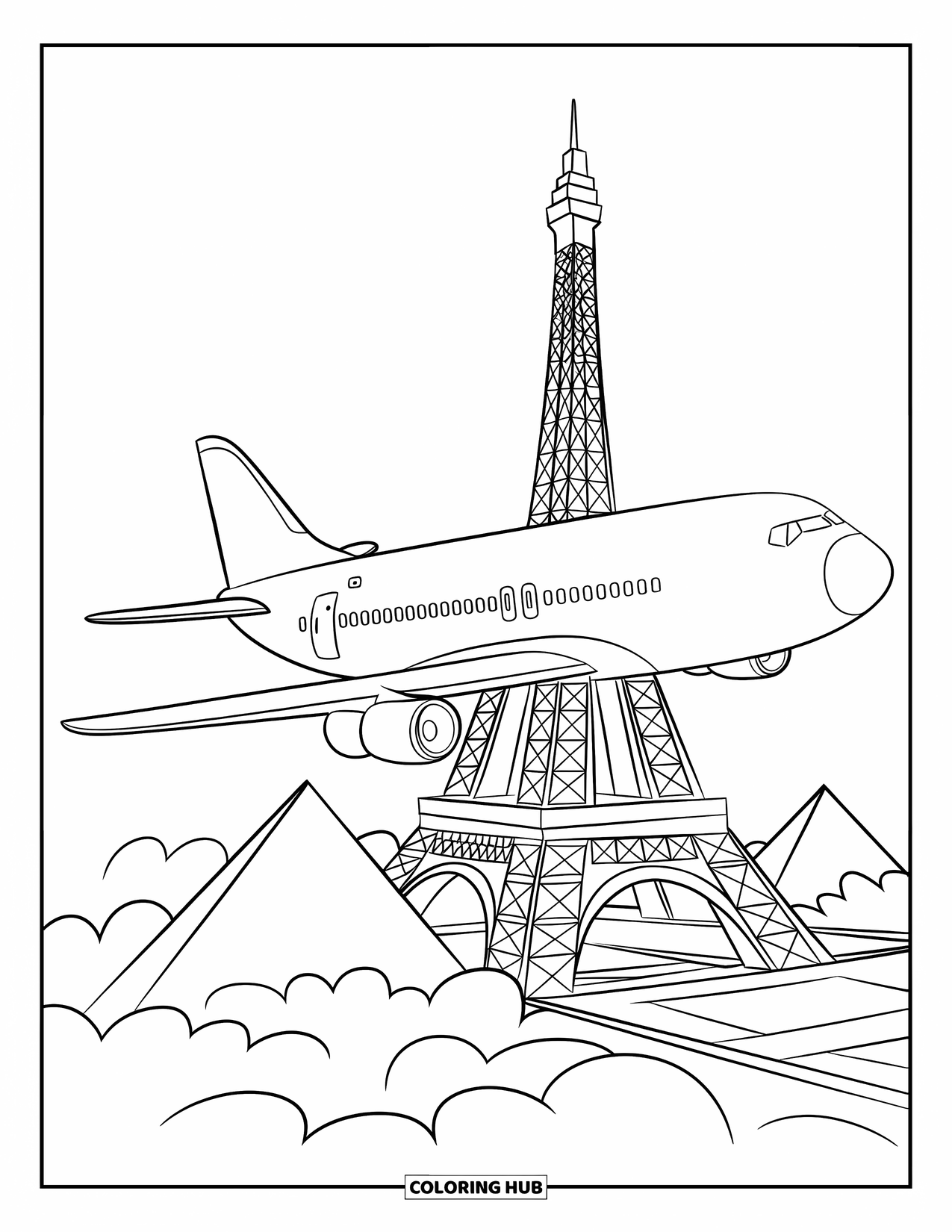 Desen de colorat cu avioane pentru copii: Un avion trece pe lângă Turnul Eiffel și piramide sub un cer albastru strălucitor