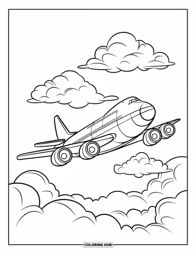 Airplane Coloring Page for Kids: A large cartoon jet flies happily above a sky full of soft clouds
