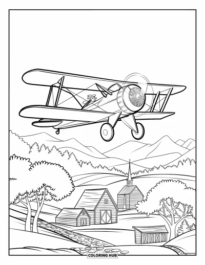Airplane Coloring Page for Kids: A pilot and passenger in a biplane fly over a mountain village with barns and trees