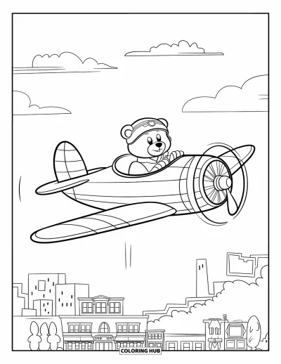 Airplane Coloring Page for Kids: A pilot bear flies a tiny plane above buildings and fluffy clouds