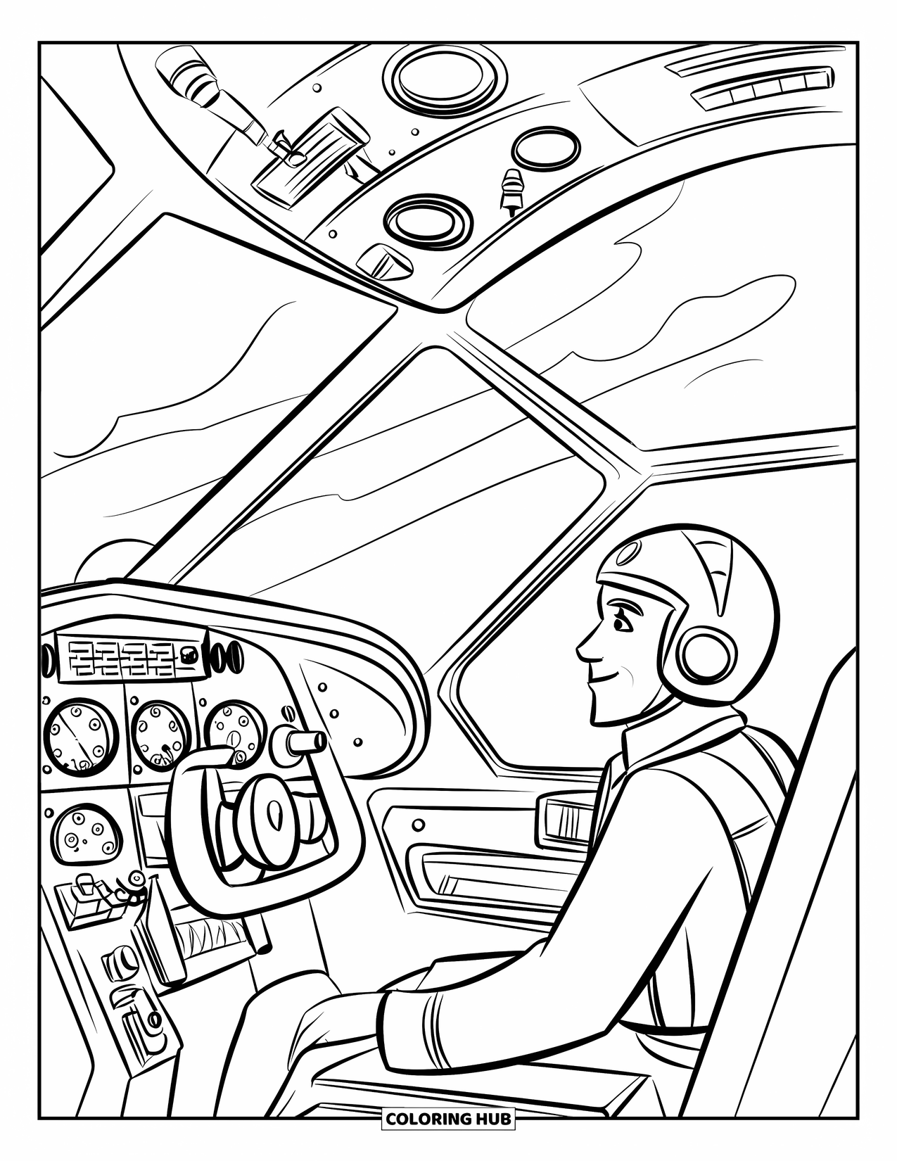 Desen de colorat cu avioane pentru copii: Un pilot în uniformă privește dintr-un cockpit mic, cu comenzi de bază