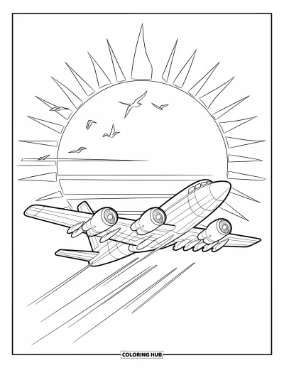 Airplane Coloring Page for Kids: A plane cuts across the sky with contrails and birds around a glowing sun