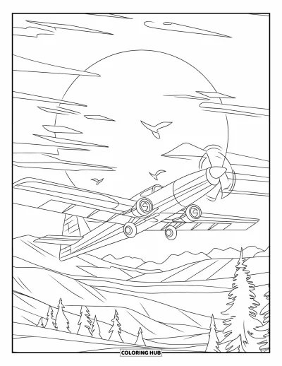 Airplane Coloring Page for Kids: A plane flies into a sunset sky with birds and contrails trailing behind