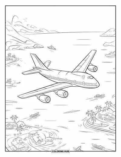 Airplane Coloring Page for Kids: A plane glides over tropical islands and boats floating in the blue sea