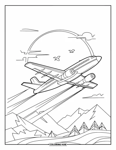 Airplane Coloring Page for Kids: A plane heads into a glowing sunset sky with mountains and birds nearby