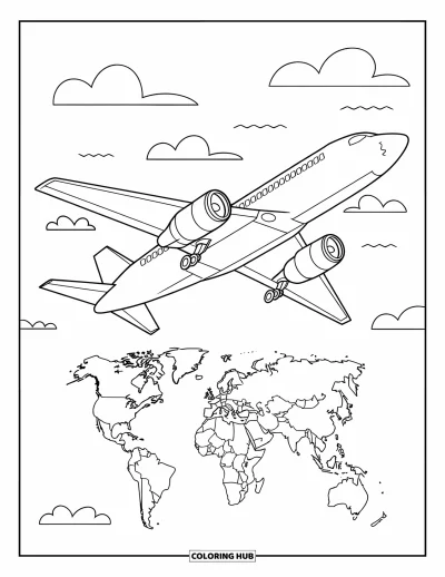 Airplane Coloring Page for Kids: A plane soars above clouds with a world map showing continents below