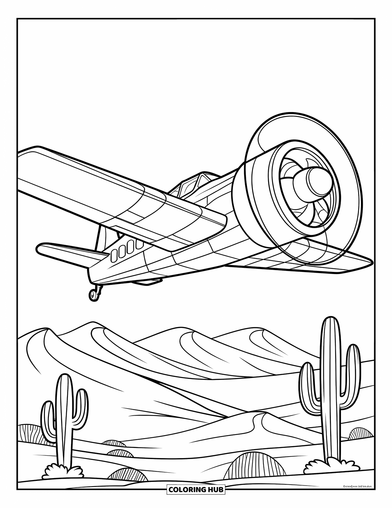 Desen de colorat cu avioane pentru copii: Un avion cu o elice mare zboară deasupra dunelor de deșert și a plantelor de cactus