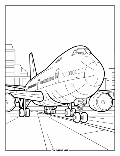 Airplane Coloring Page for Kids: A plane with big wheels sits parked near a few buildings and stairs