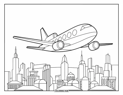 Airplane Coloring Page for Kids: A plane with big windows flies above pointy-roof buildings in a busy city