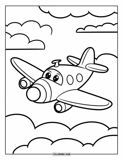 Airplane Coloring Page for Kids: A playful plane with bold lines soars through a sky filled with puffy clouds