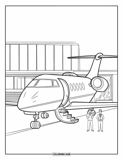 Airplane Coloring Page for Kids: A private jet waits at a terminal with two crew members nearby