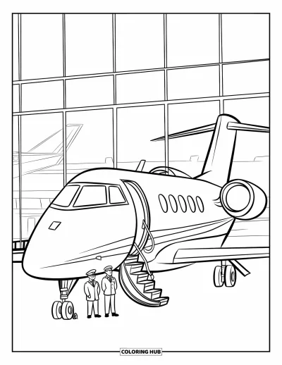 Airplane Coloring Page for Kids: A private jet with steps stands near a modern terminal and other planes