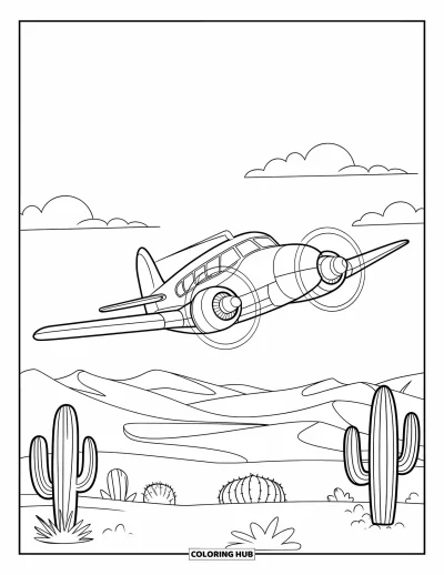 Airplane Coloring Page for Kids: A propeller plane cruises above a desert filled with dunes and cacti