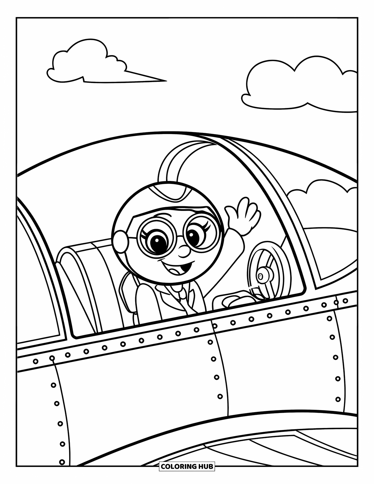Desen de colorat cu avioane pentru copii: Un pilot cu fața rotundă și ochelari face cu mâna dintr-un cockpit cu câteva butoane