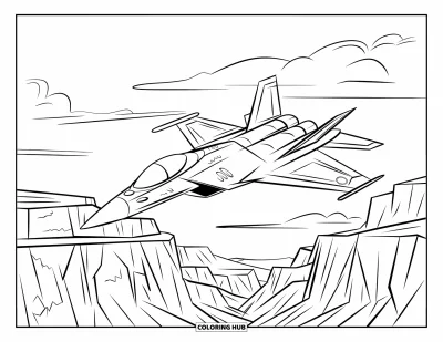 Airplane Coloring Page for Kids: A sharp, sleek jet glides low above a wide canyon filled with rocky textures and clouds