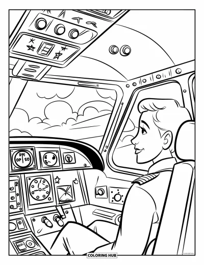 Airplane Coloring Page for Kids: A short-haired pilot checks the cockpit dials while clouds float outside the window