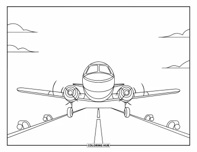 Airplane Coloring Page for Kids: A small plane lands gently on a clear runway lined with lights and clouds above