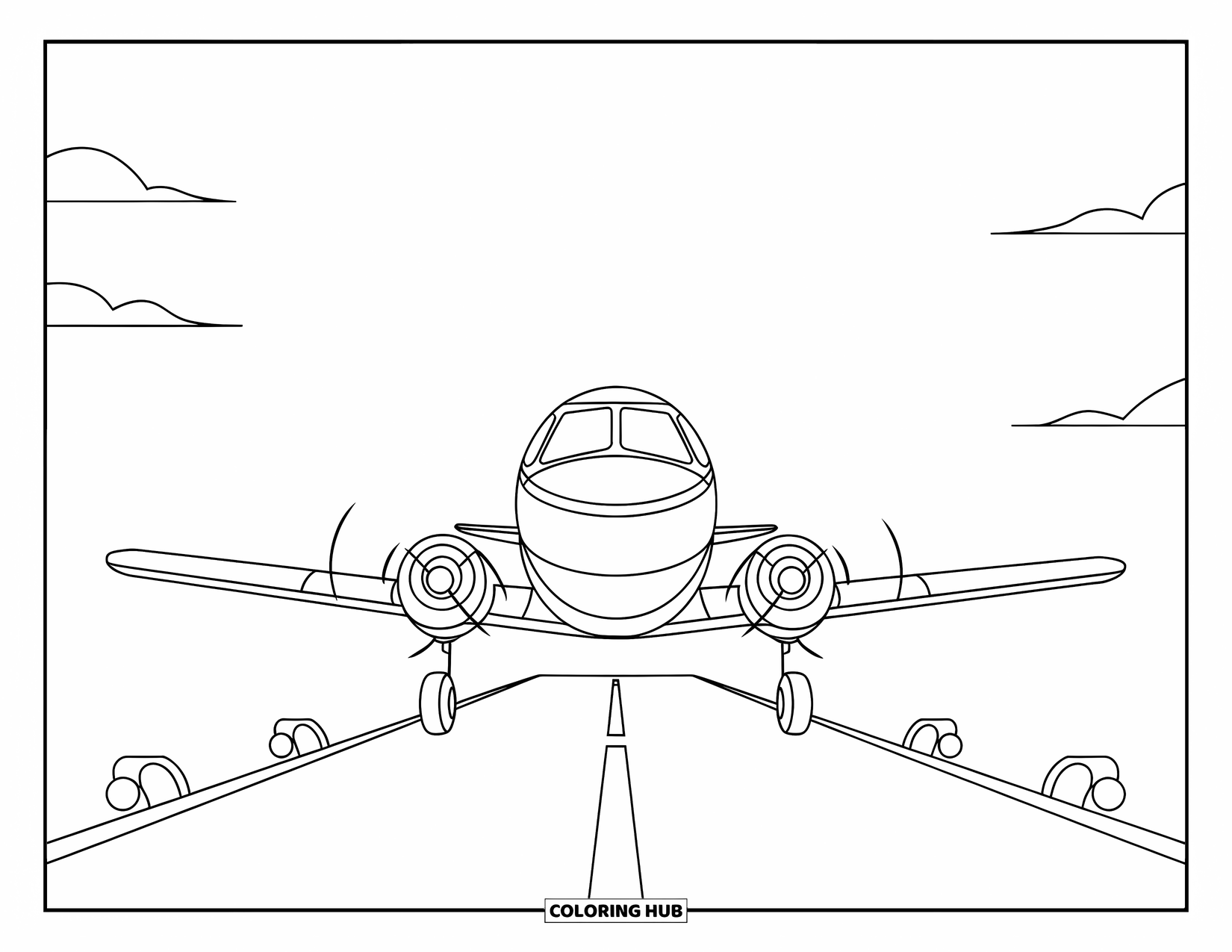 Desen de colorat cu avioane pentru copii: Un avion mic aterizează ușor pe o pistă clară, mărginită de lumini și nori deasupra