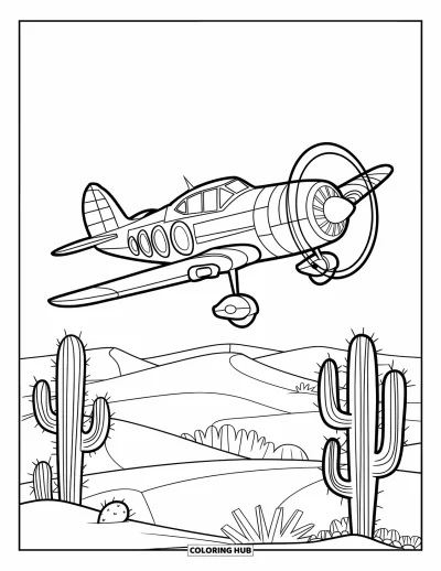 Airplane Coloring Page for Kids: A small plane with bold lines flies above cacti and wavy sand dunes