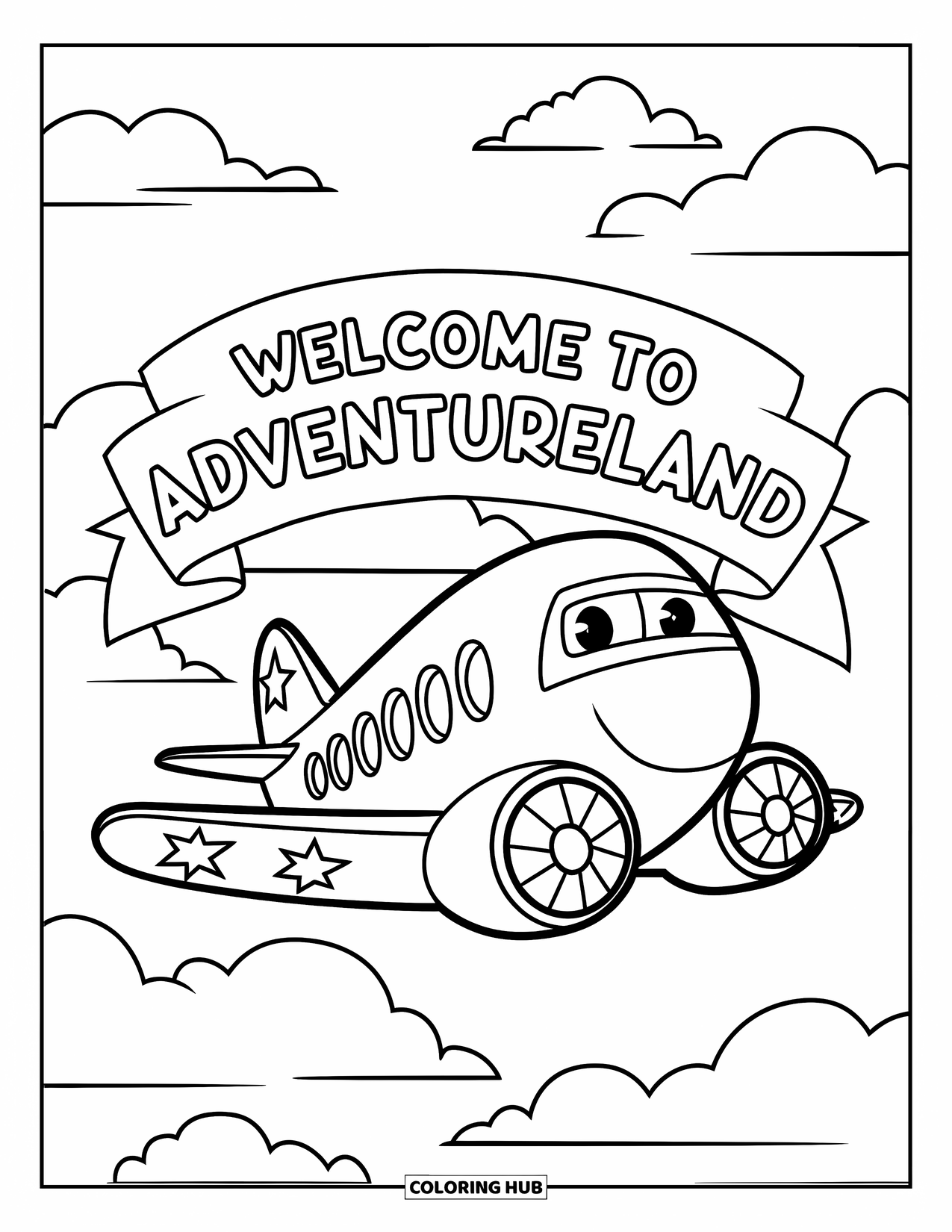 Desen de colorat cu avioane pentru copii: Un avion zâmbitor poartă un banner pe care scrie „Bun venit în Adventureland” prin nori