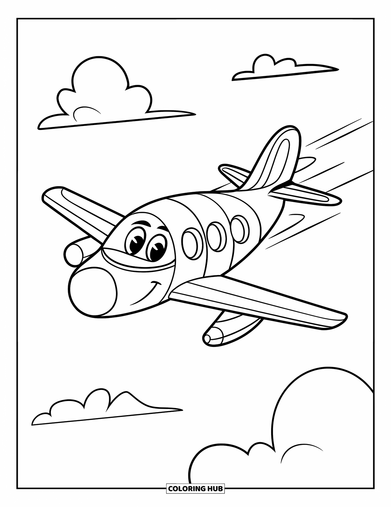Desen de colorat cu avioane pentru copii: Un avion zâmbitor, cu ferestre mari, gonește prin cer cu nori pufoși în jur
