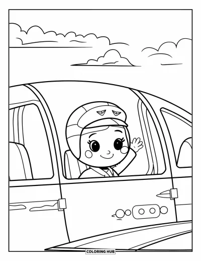 Airplane Coloring Page for Kids: A smiling pilot waves from the cockpit as clouds float in the sky