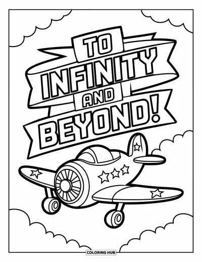 Airplane Coloring Page for Kids: A starry-winged plane flies with a “To infinity and beyond!” banner behind it