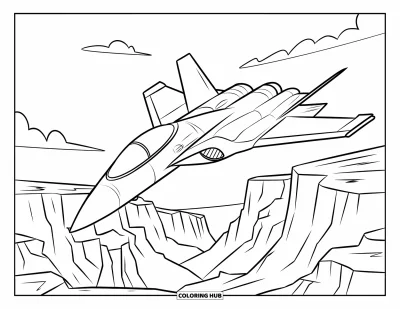 Airplane Coloring Page for Kids: A stealth jet with big windows flies above jagged cliffs and a calm, cloudy sky