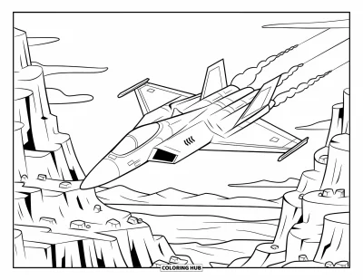Airplane Coloring Page for Kids: A stealth jet zooms low over a rocky canyon with steep cliffs and smoke trailing behind