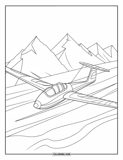 Airplane Coloring Page for Kids: A striped glider with a round shape flies over sharp-peaked mountains and open skies