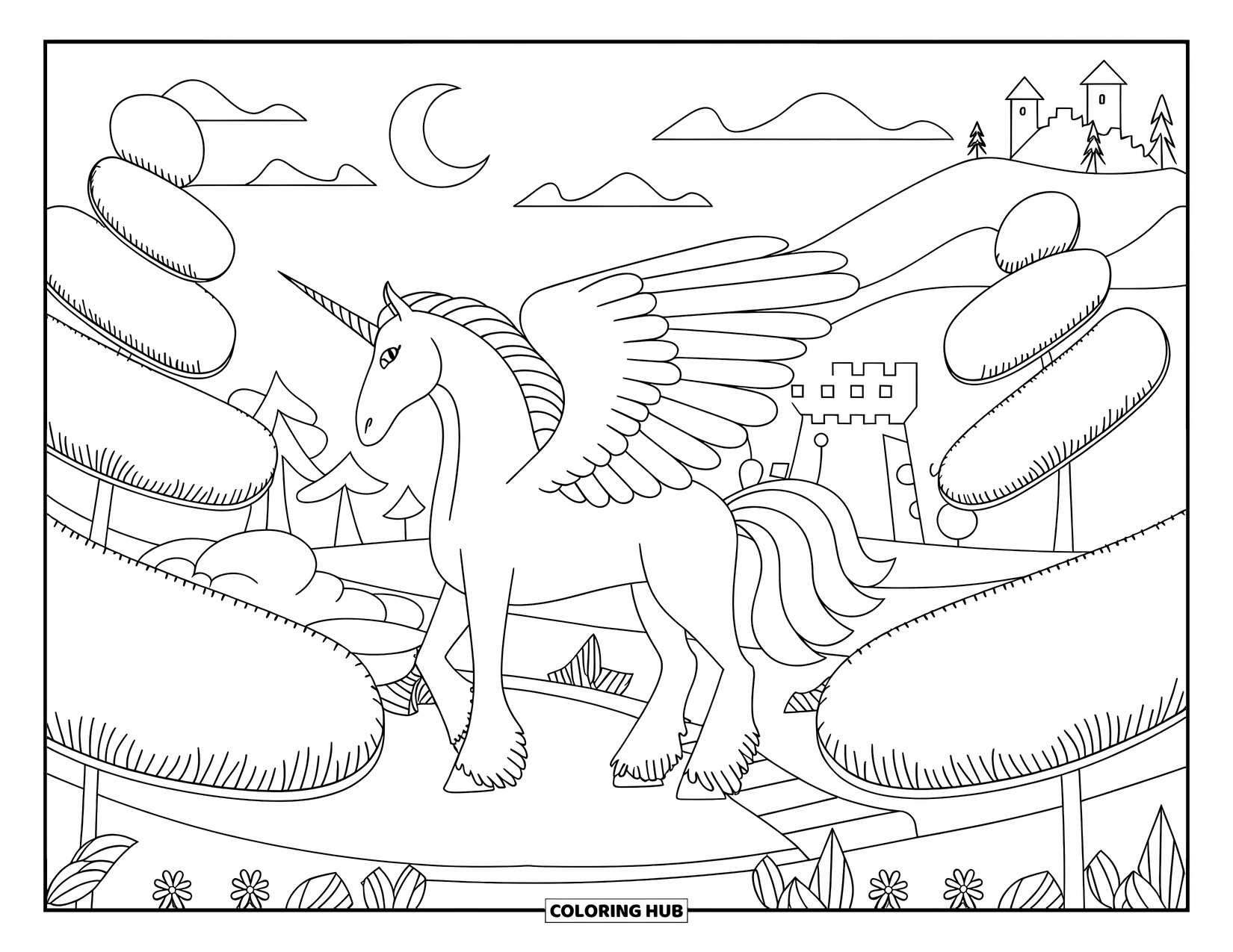 Desenho de Alicórnio para Colorir para Adultos: Um alicórnio calmo caminha por um jardim iluminado pela lua com árvores em forma de espiral