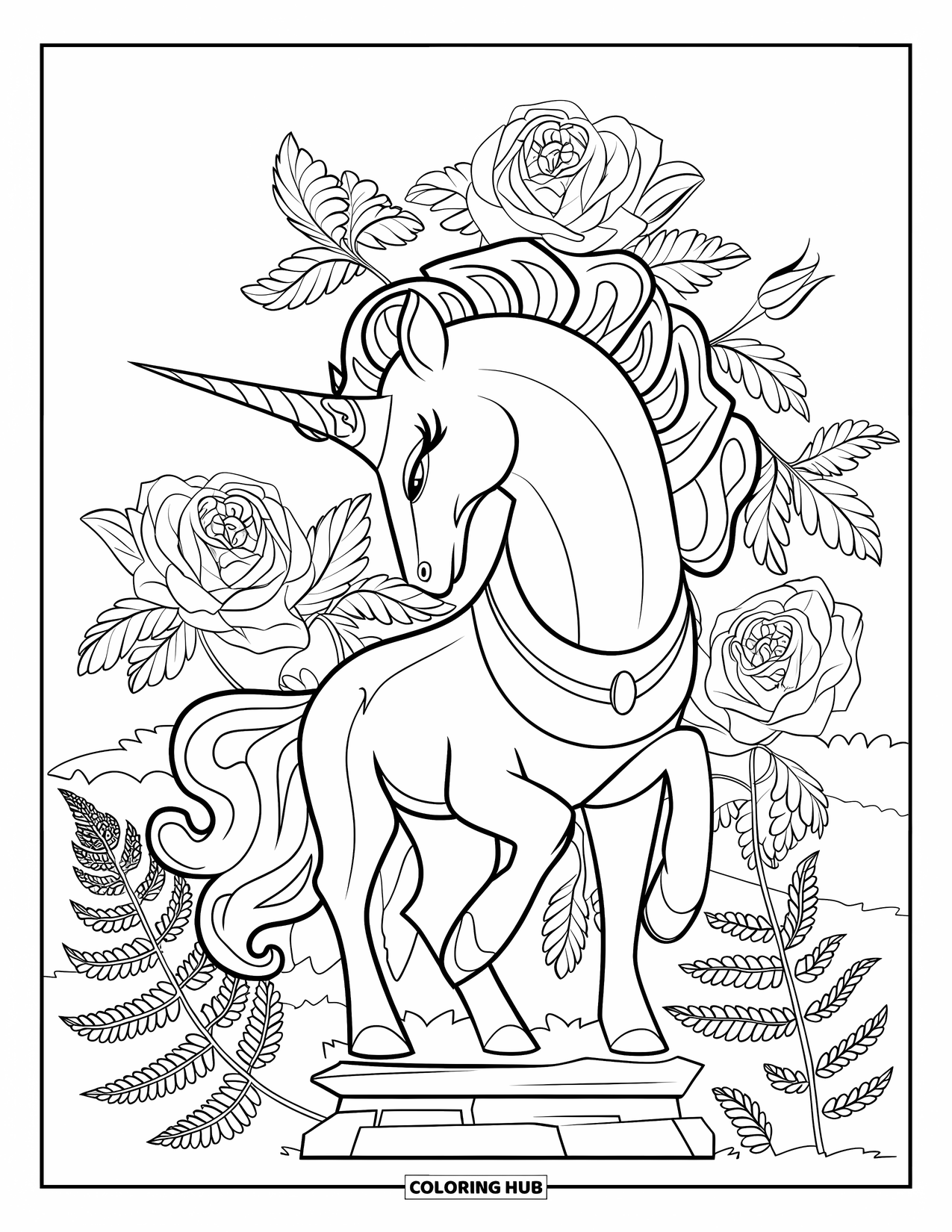 Desenho de Alicórnio para Colorir para Adultos: Um alicórnio coroado está orgulhosamente entre rosas espinhosas e samambaias macias