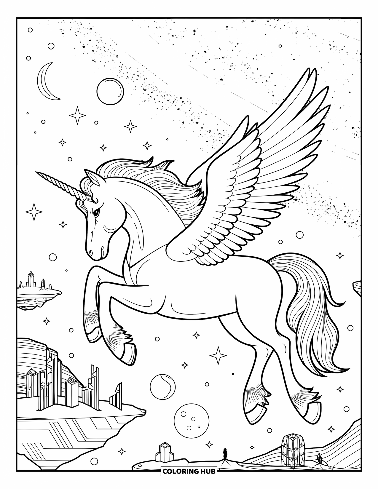 Desenho de Alicórnio para Colorir para Adultos: Um alicórnio voador passa por nuvens de nebulosas e ilhas flutuantes