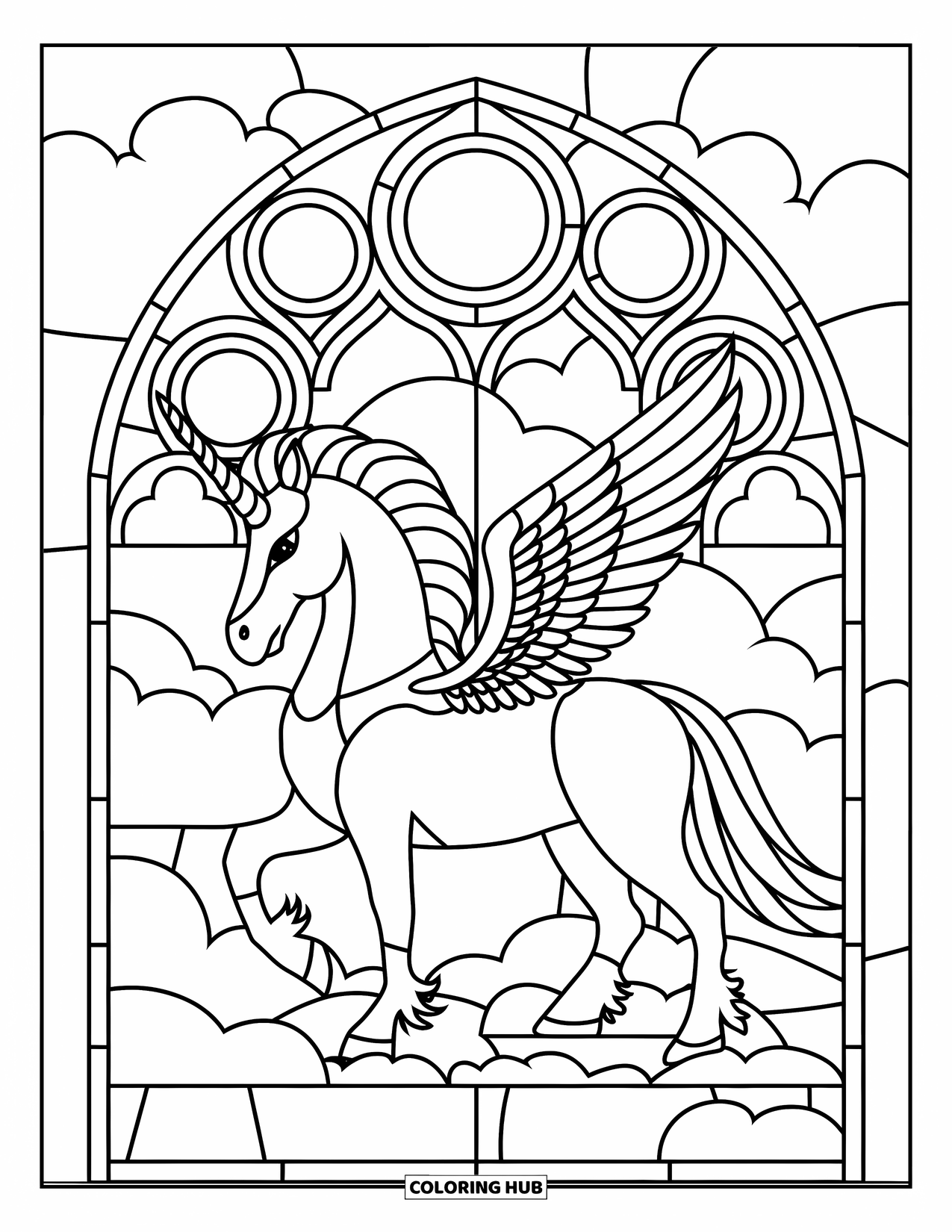 Desenho de Alicórnio para Colorir para Adultos: Um alicórnio com corpo de grifo fica em uma nuvem emoldurada por arcos góticos