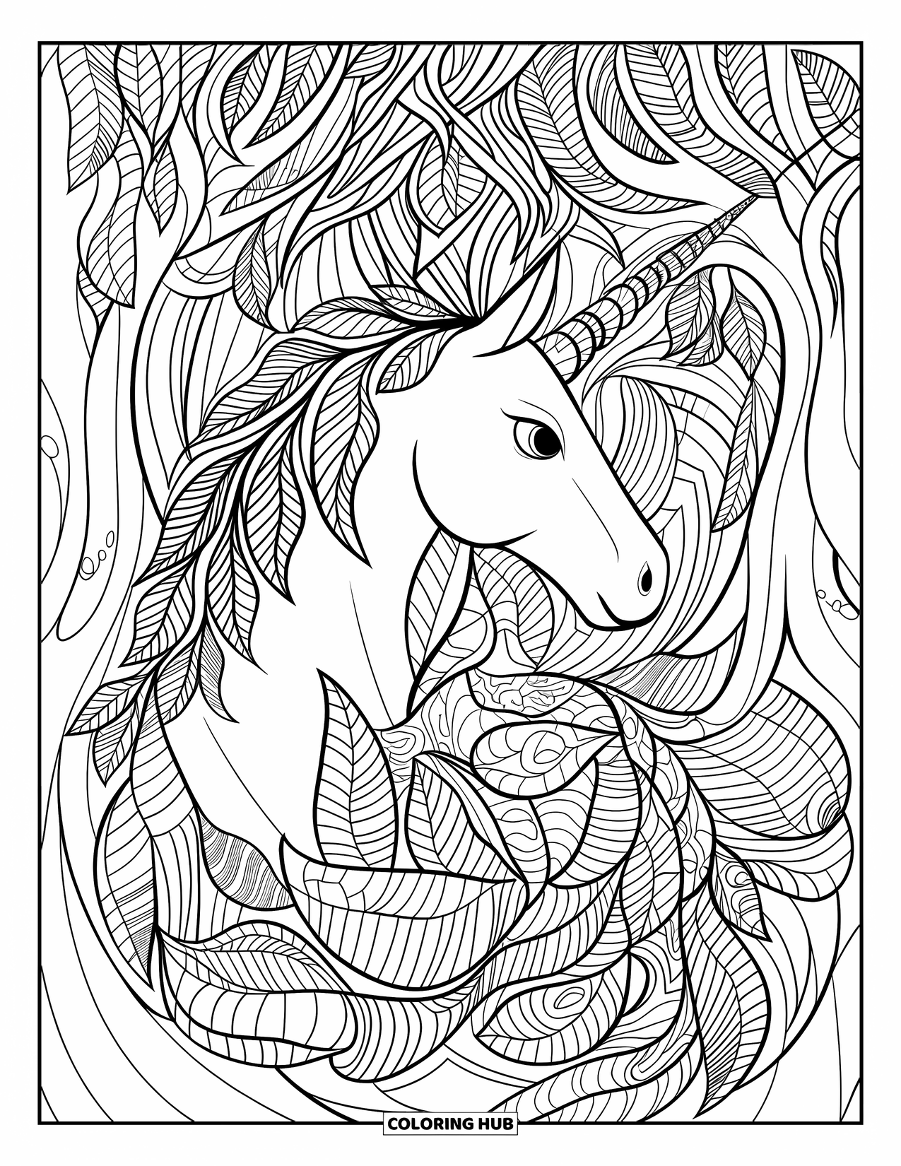 Desenho de Alicórnio para Colorir para Adultos: Um unicórnio com chifre de folhas está em uma densa floresta de vinhas