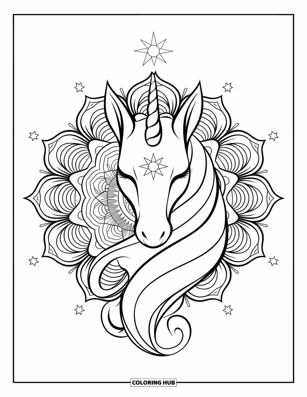 Desenho de Alicórnio para Colorir para Adultos: Um alicórnio pacífico brilha com um símbolo de estrela e designs de mandala rodopiantes